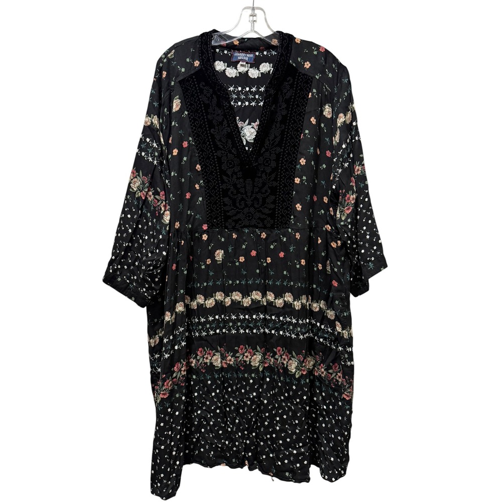 Johnny Was 2X Workshop Black Floral Silk Blend Velvet Trim Fall Midi Dress